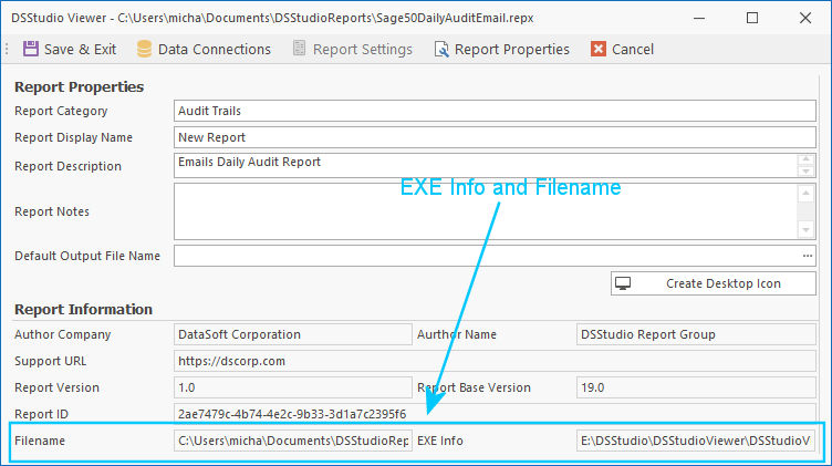 DSStudio Report File Name Screen