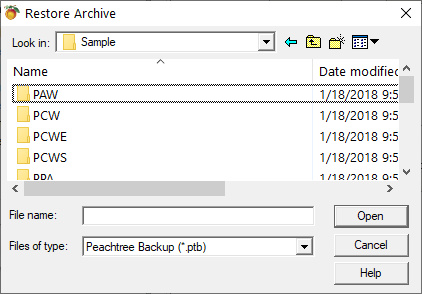 Sage 50 Restore Archive Screen