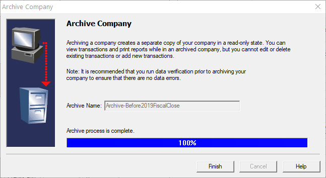 Sage 50 Archive Company Complete Screen