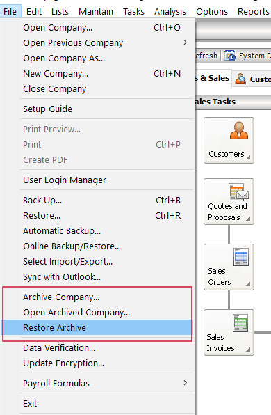 Sage 50 Archive Company Screen