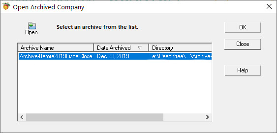 Sage 50 Open Archive Select from list Screen