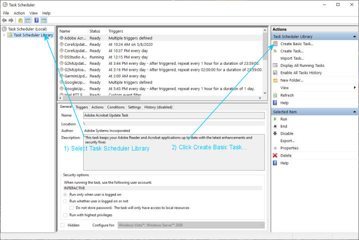 Windows Task Scheduler Basic Screen