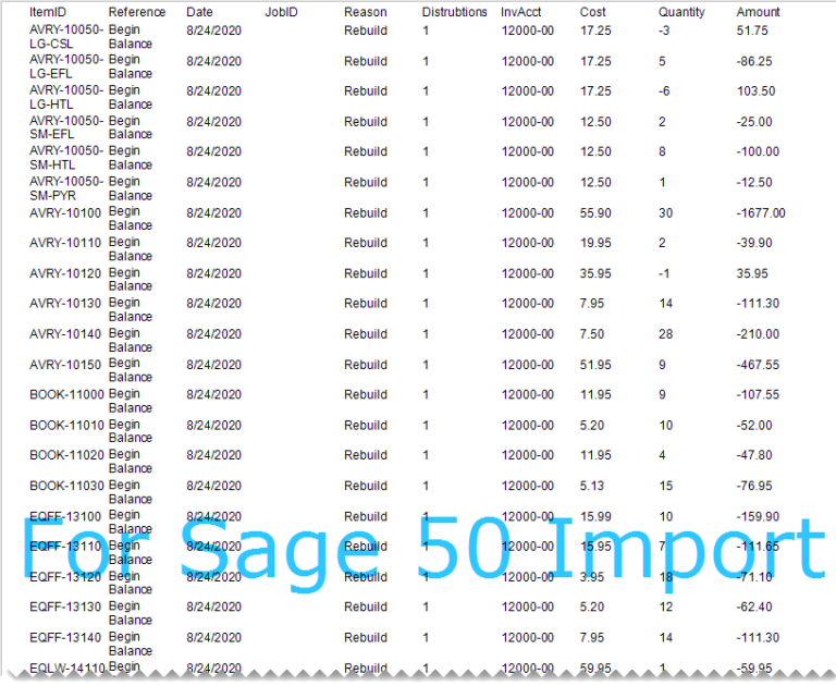 Sage 50 Inventory Evaluation Export Sample CSV