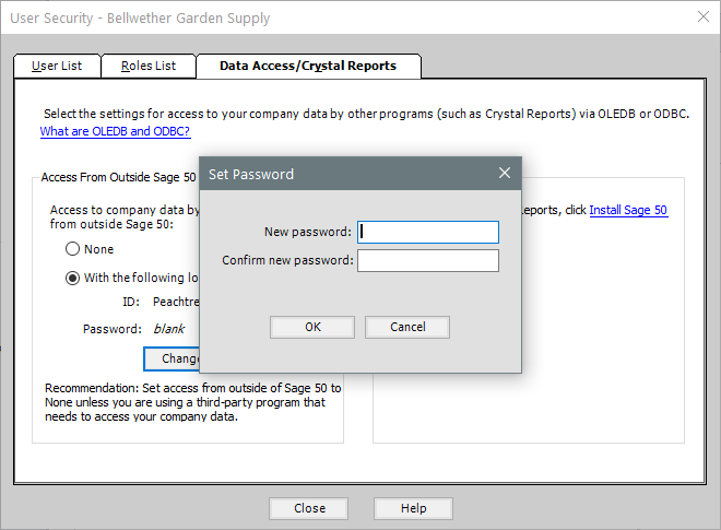 Sage 50 Data Access Set Password