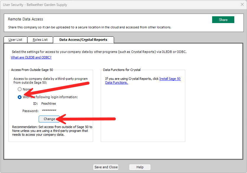 Sage 50 Data Access / Crystal Reports Tab
